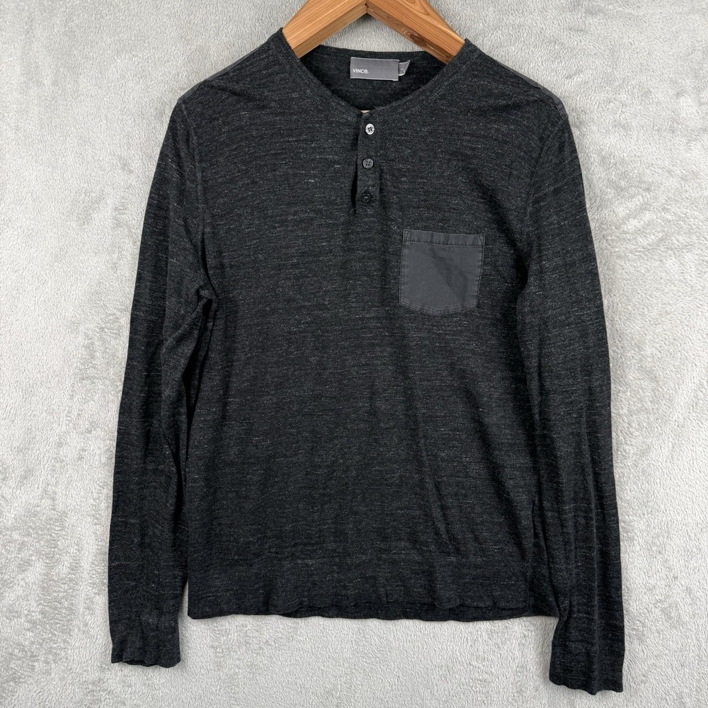 Vince Henley Shirt Mens L Heather Black L/S Chest Pocket Casual Cashmere Blend